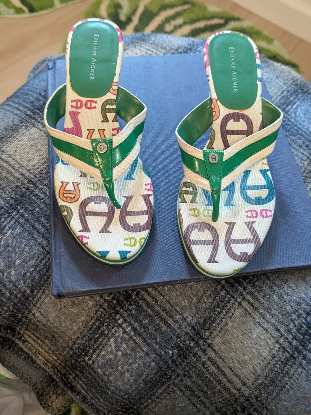 Etienne Aigner Green Multicolor Logo-Print Women's Thong Sandals
